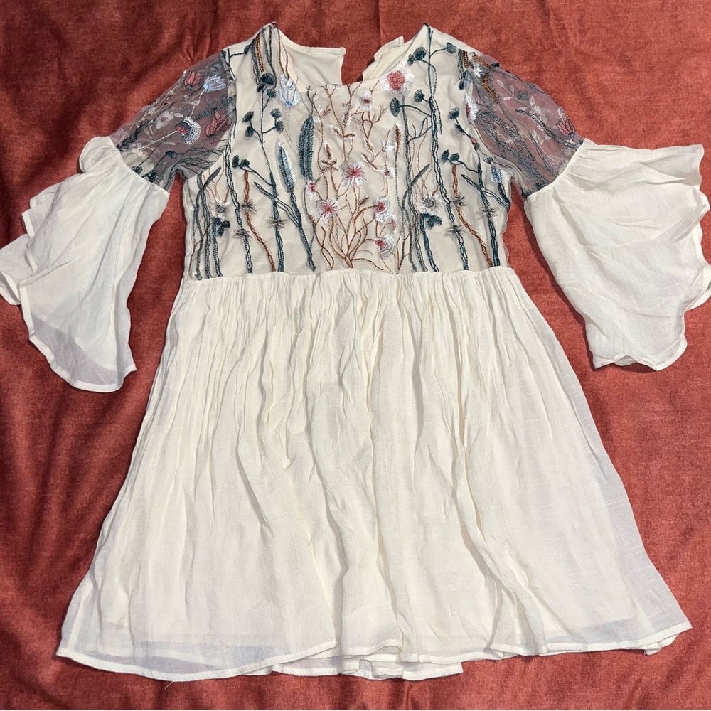 White Embroidered Bell Sleeve Dress